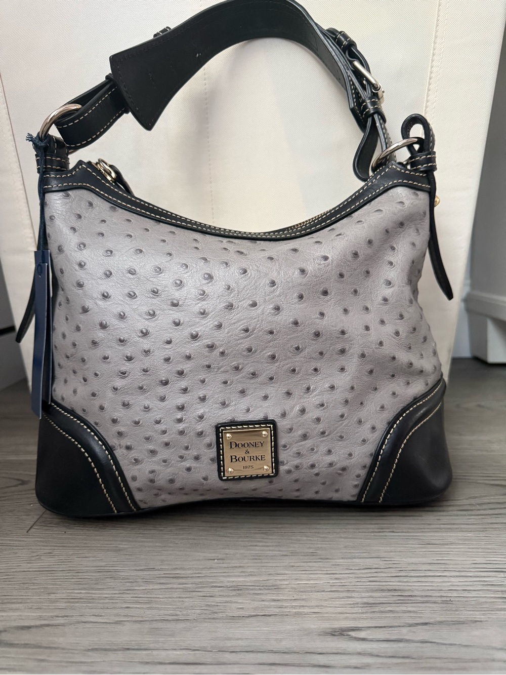 Dooney & Bourke Gray Ostrich-Embossed Shoulder Bag with Black Trim